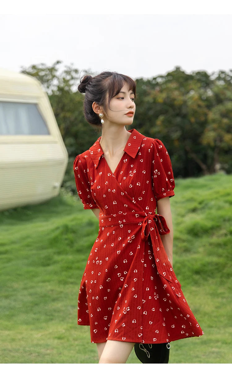 MISHOW Red Dresses For Women Summer French Hepburn One Piece V-neck Chiffon A-shape Floral Holiday Midi Dresses MXA29L0356