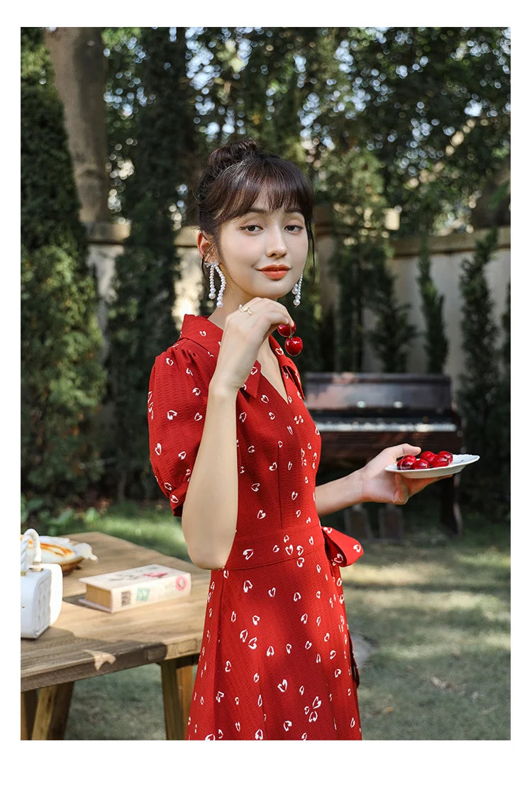 MISHOW Red Dresses For Women Summer French Hepburn One Piece V-neck Chiffon A-shape Floral Holiday Midi Dresses MXA29L0356