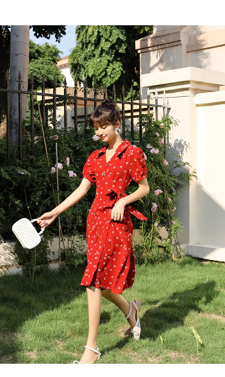 MISHOW Red Dresses For Women Summer French Hepburn One Piece V-neck Chiffon A-shape Floral Holiday Midi Dresses MXA29L0356