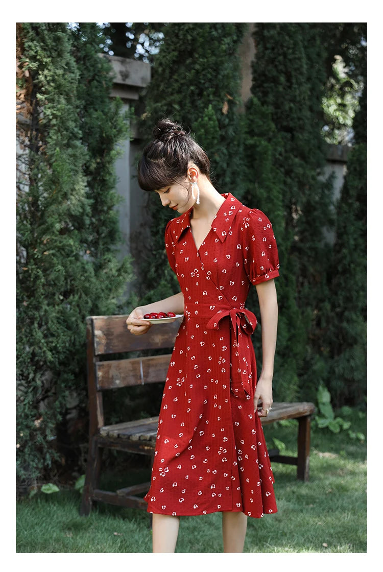 MISHOW Red Dresses For Women Summer French Hepburn One Piece V-neck Chiffon A-shape Floral Holiday Midi Dresses MXA29L0356