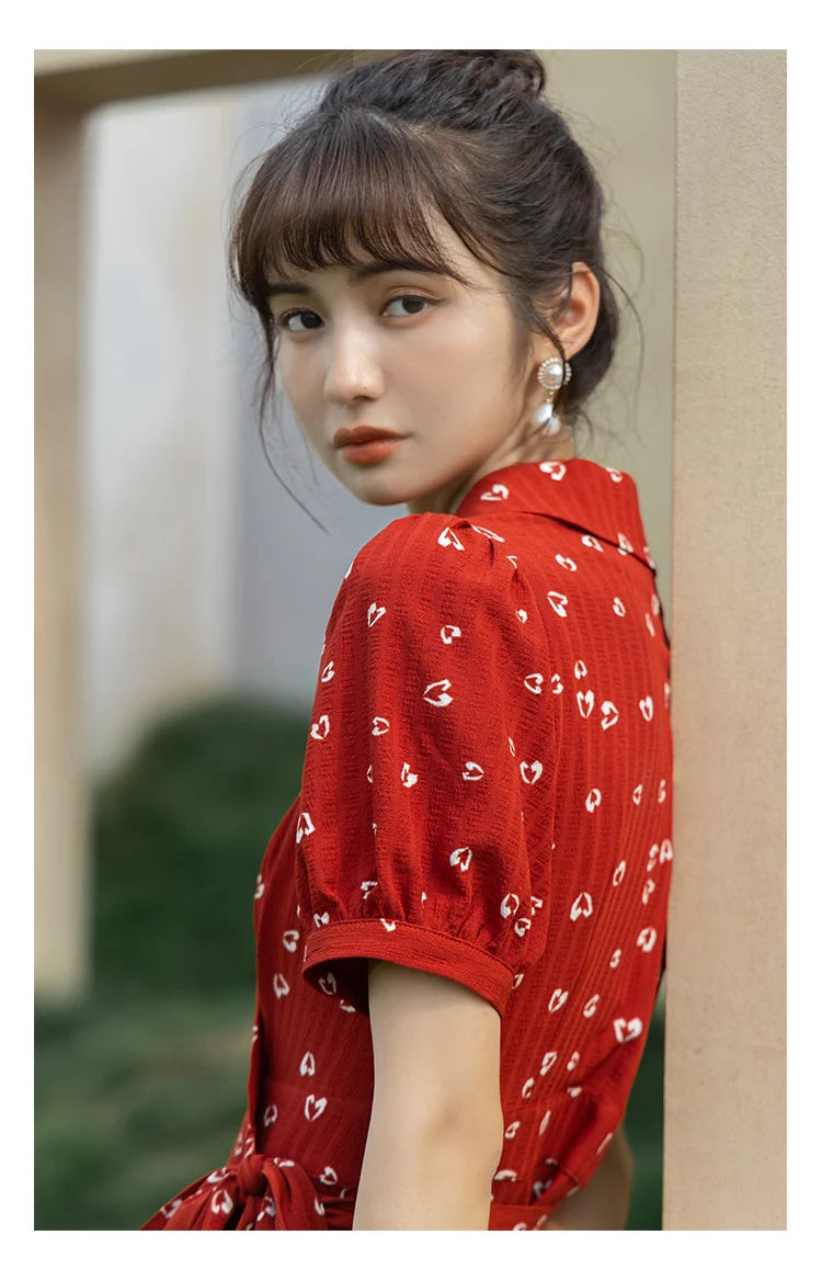 MISHOW Red Dresses For Women Summer French Hepburn One Piece V-neck Chiffon A-shape Floral Holiday Midi Dresses MXA29L0356