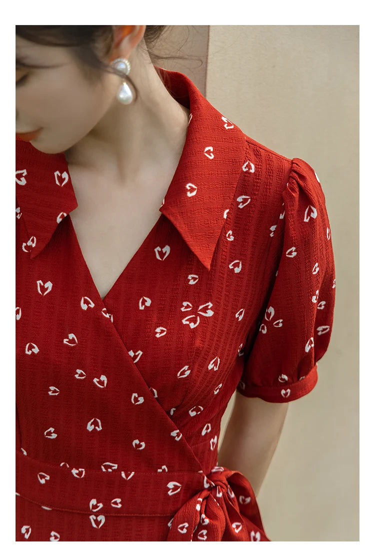 MISHOW Red Dresses For Women Summer French Hepburn One Piece V-neck Chiffon A-shape Floral Holiday Midi Dresses MXA29L0356