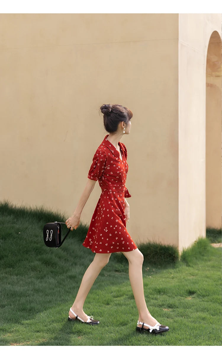 MISHOW Red Dresses For Women Summer French Hepburn One Piece V-neck Chiffon A-shape Floral Holiday Midi Dresses MXA29L0356