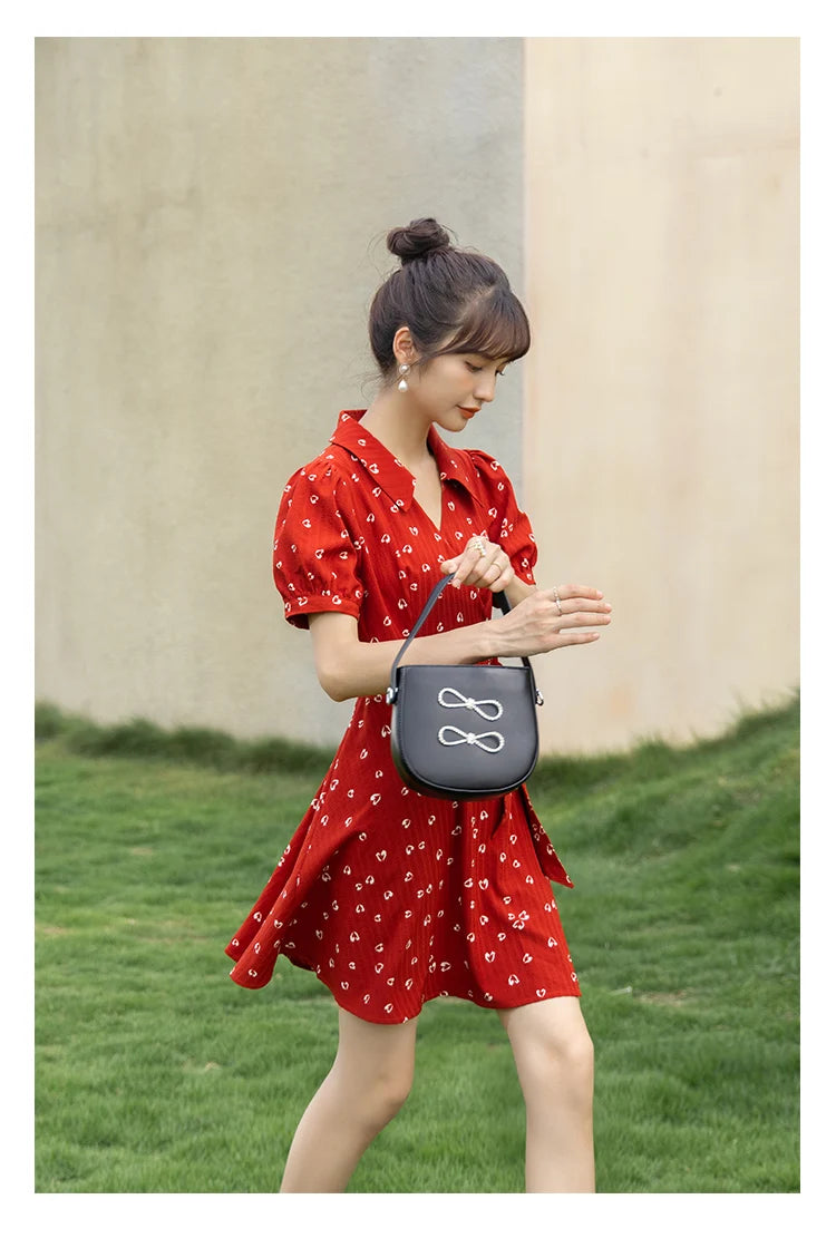 MISHOW Red Dresses For Women Summer French Hepburn One Piece V-neck Chiffon A-shape Floral Holiday Midi Dresses MXA29L0356
