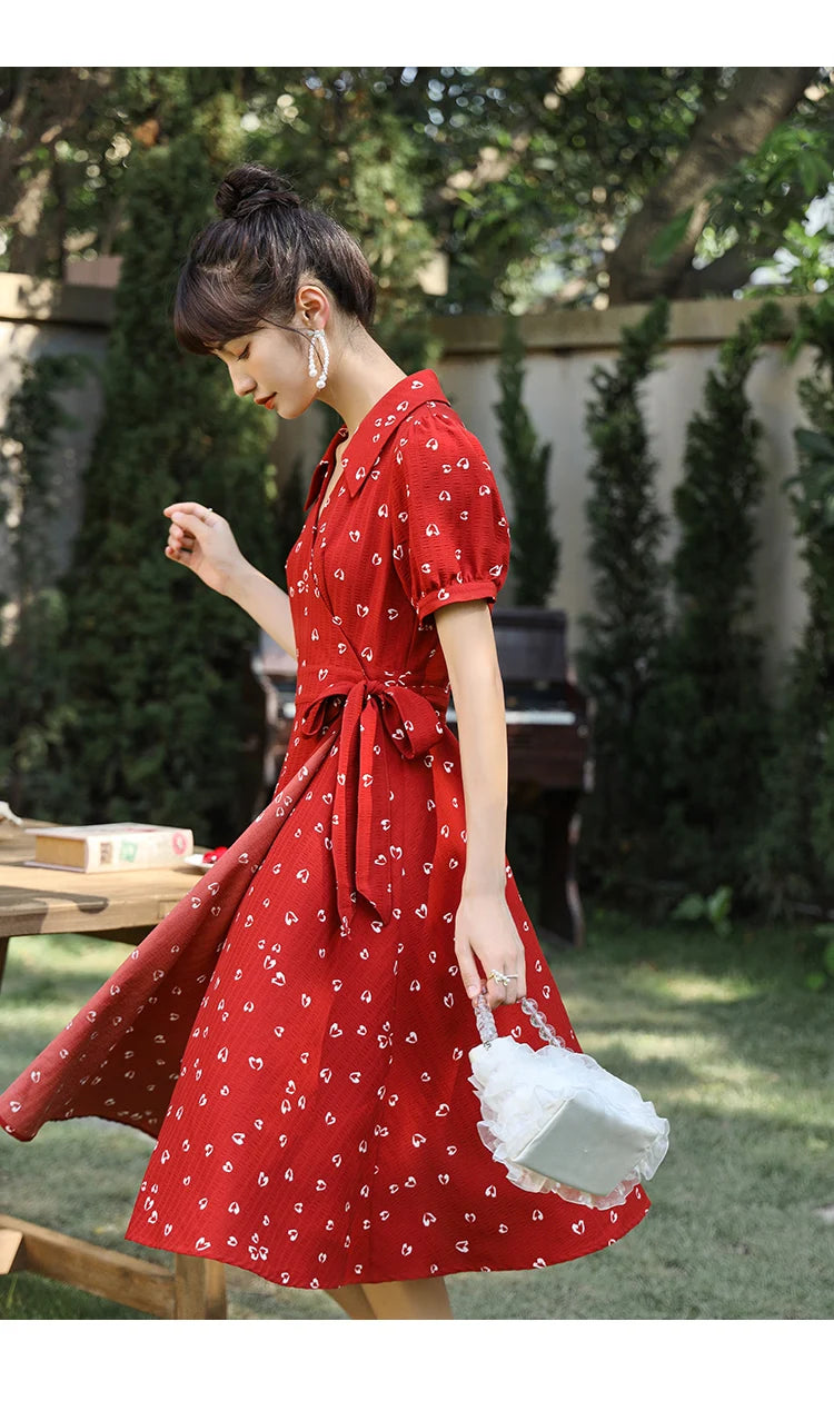 MISHOW Red Dresses For Women Summer French Hepburn One Piece V-neck Chiffon A-shape Floral Holiday Midi Dresses MXA29L0356