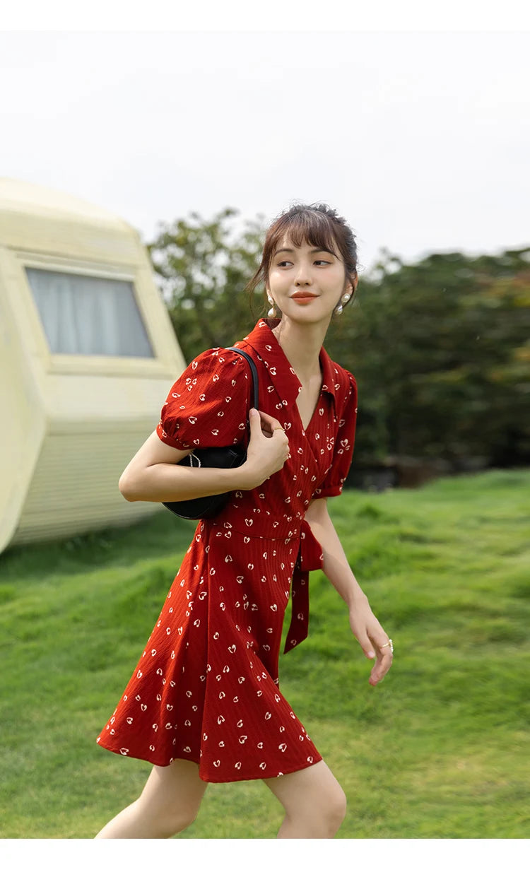 MISHOW Red Dresses For Women Summer French Hepburn One Piece V-neck Chiffon A-shape Floral Holiday Midi Dresses MXA29L0356