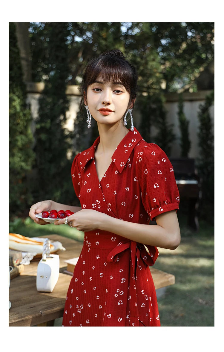 MISHOW Red Dresses For Women Summer French Hepburn One Piece V-neck Chiffon A-shape Floral Holiday Midi Dresses MXA29L0356