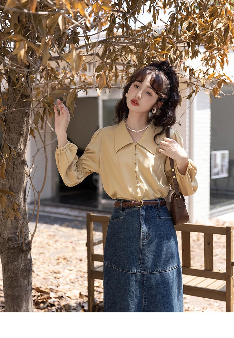 MISHOW Elegant Women's Blouse Autumn Vintage French Lantern Sleeves Turndown Collar Shirt Office Lady Female Clothing MXB32C0508