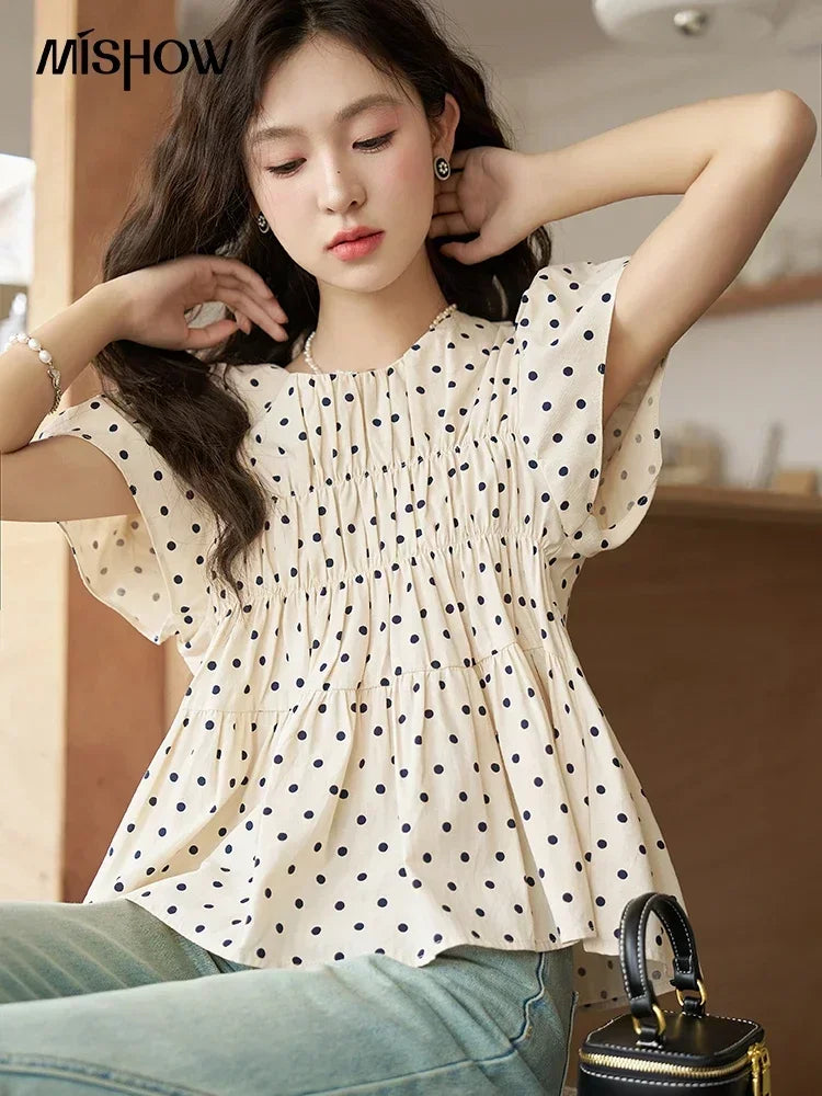 MISHOW Polka Dot Blouses for Women 2025 Summer French Flying Sleeve O Neck Elastic Folds Loose Retro Female Doll Top MXC39X1291