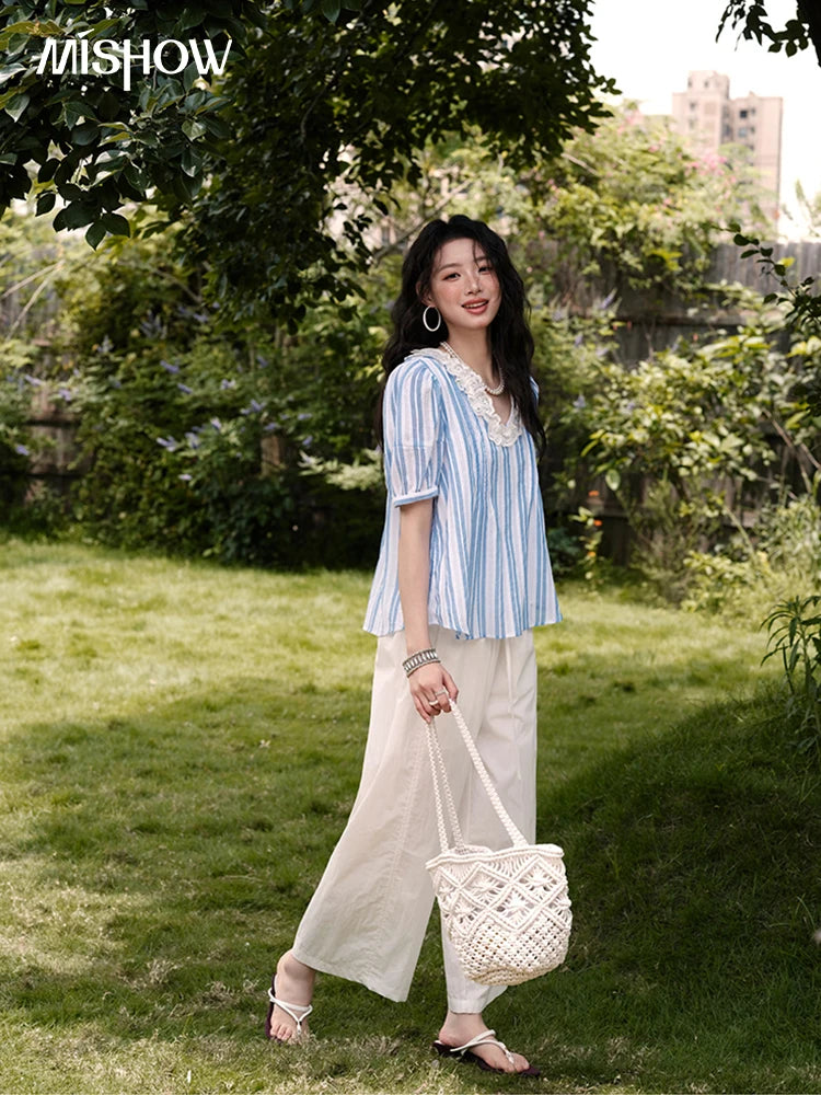 MISHOW 2025 Summer New 100% Cotton Striped Blouse Women Fashion Lantern Sleeve Lace V-neck Casual Top Ladies Clothing MXE36X1845