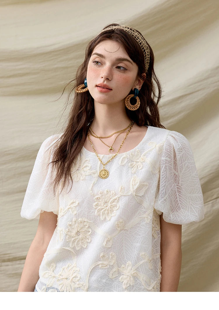 MISHOW French Summer Blouses Women New 2025 Short Puff Sleeve Round Neck Jacquard Flower Slim Shirts Woman Versatile MXE32X1772