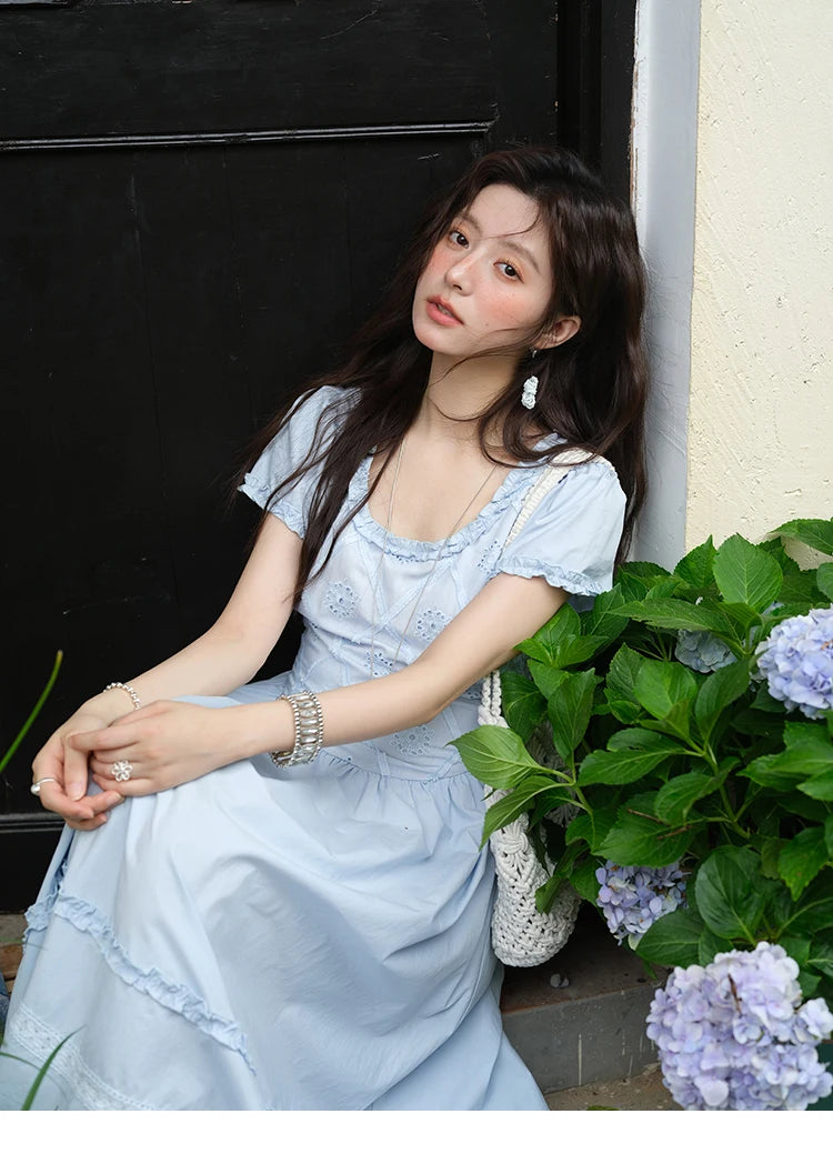 Mishow Blue Lace Mushroom Edge Puff Sleeve Dress MXE38L2348
