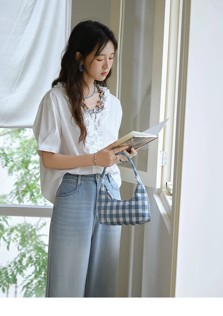 MISHOW Fashion V-neck Shirt for Women Summer 2025 Thin Short Sleeve Patchwork Double Layer Fungus Edge Button Top MXE35X1793