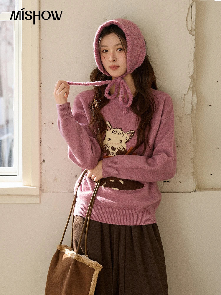 MISHOW Women's Jacquard Dog Thick Sweater Winter Purple Arctic Fleece Loose Soft Knitted Tops (Headband Not Included) MXE88Z2599