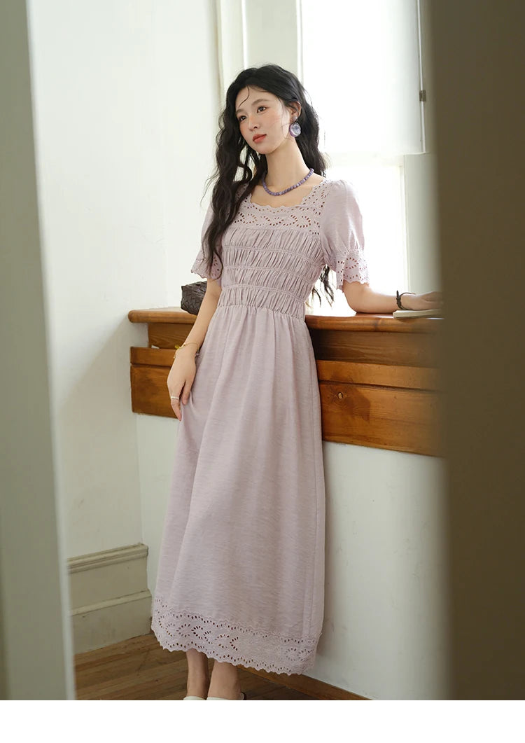 MISHOW Puff Sleeve Dress for Women 2025 Summer New Square Neck Fashion Lace Hollow Purple Dresses Female Clothing MXE39L2406
