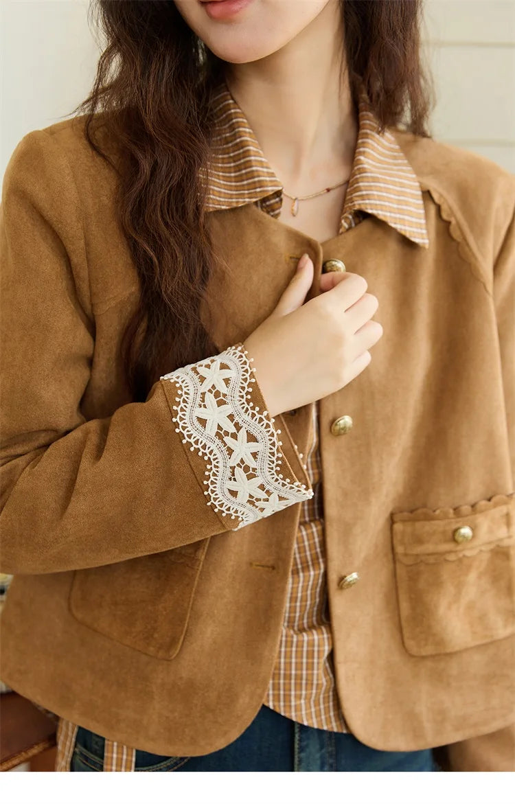 MISHOW Fragrant Suede Jacket for Women Autumn 2025 Cuffs Hollowed Out Lace Short Coats O-neck Metal Button Jackets MXE46W0839