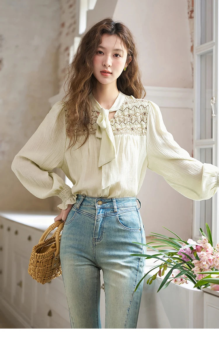 MISHOW Ribbon Collar Shirt for Women Autumn 2025 Sweet Cuffs Pleated Embroidered Petal Sleeve Loose Top Office Lady MXD14C0226