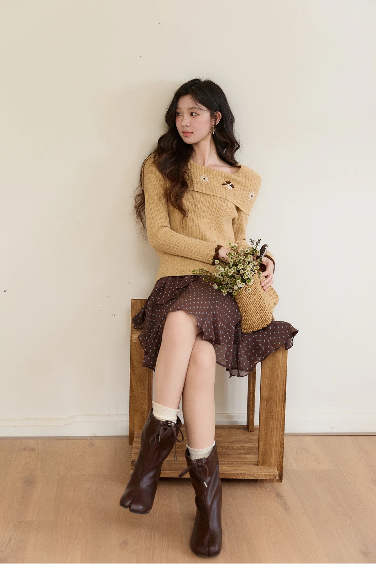 MISHOW Women's Yellow Ribbed Knit Sweater 2026 Spring One Shoulder Collar Floral Embroidery Long Sleeve Thin Sweaters MXF11Z2894