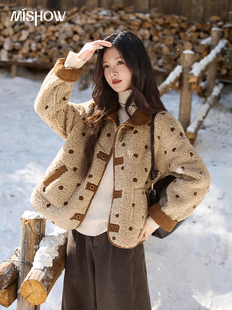 MISHOW Women's Brown Reversible Shearling Coat 2025 Winter Suede Polka Dot Lapel Coats Fleece Thick Warm Short Jacket MXE93W1012