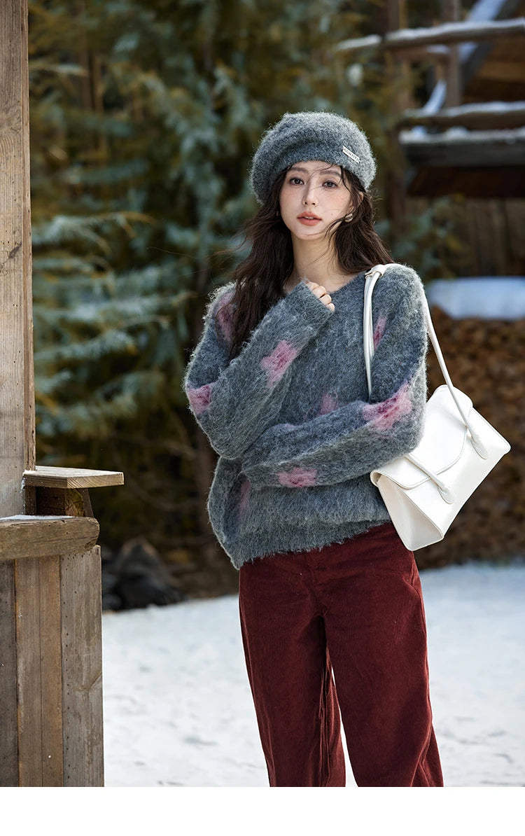 MISHOW Wool Yarn Plush Fur Flower O-Neck Pullover Knitted Sweater Women Clothes Warm Versatile Long-sleeved Tops MXD56Z1001