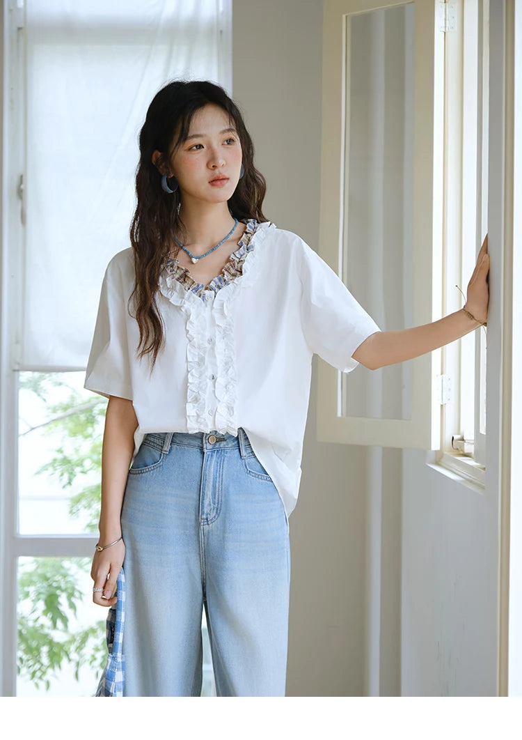 MISHOW Fashion V-neck Shirt for Women Summer 2025 Thin Short Sleeve Patchwork Double Layer Fungus Edge Button Top MXE35X1793