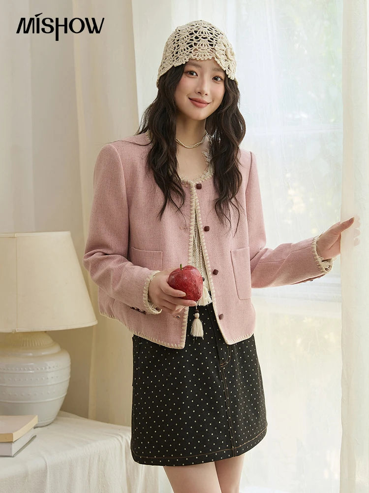 MISHOW Women's Solid Tweed Jacket 2025 Autumn Vintage Commute Round Neck Long Sleeved Short Jackets Woman Clothes MXE44W0812