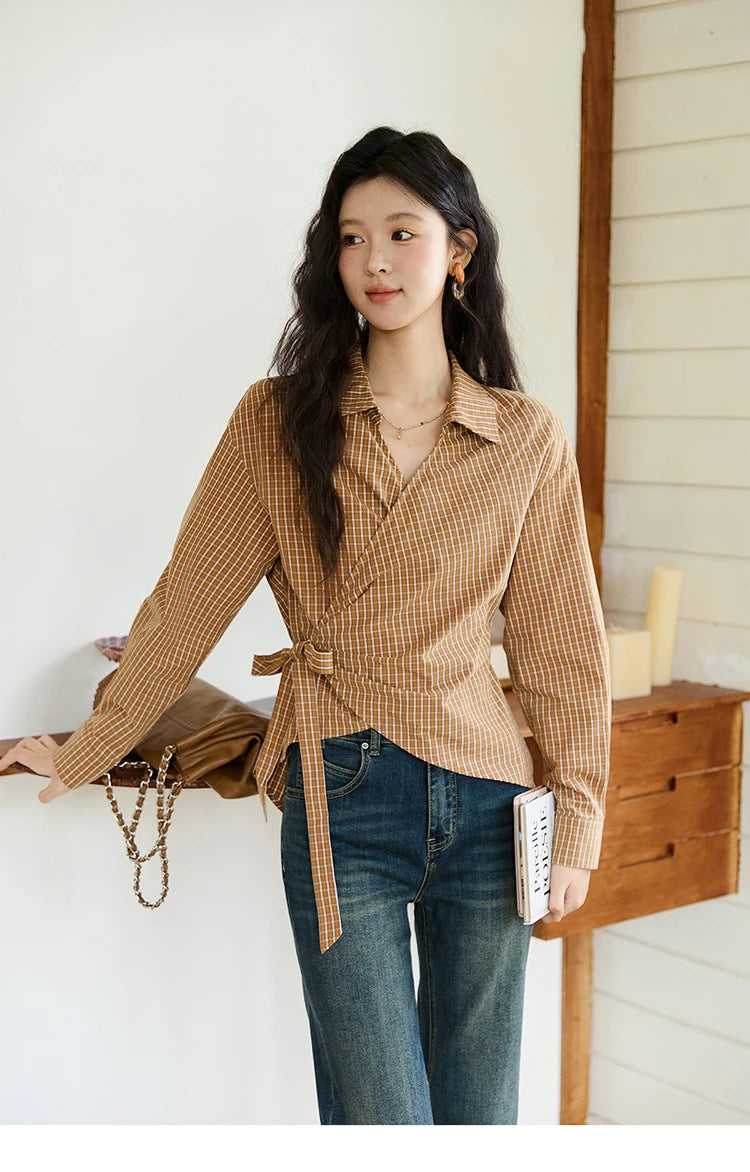 MISHOW Women's 100 Cotton Dark Orange Plaid Shirt Autumn Design Side Waist Lace-up Long Sleeved Shirts Office Lady MXE46X2494