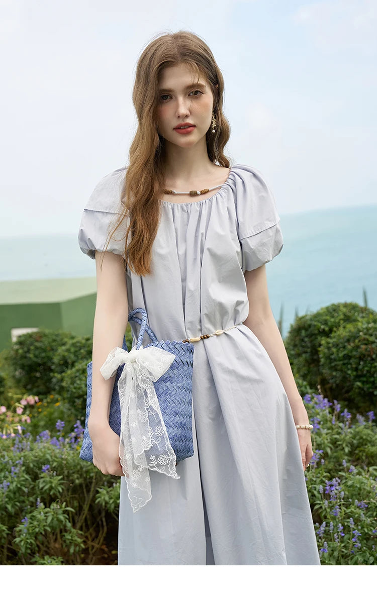 MISHOW 100 Cotton Bohemian Dress 2024 Summer French Elegant Elastic Round Neck Bubble Sleeve Long Dresses with Belt MXD26L1940