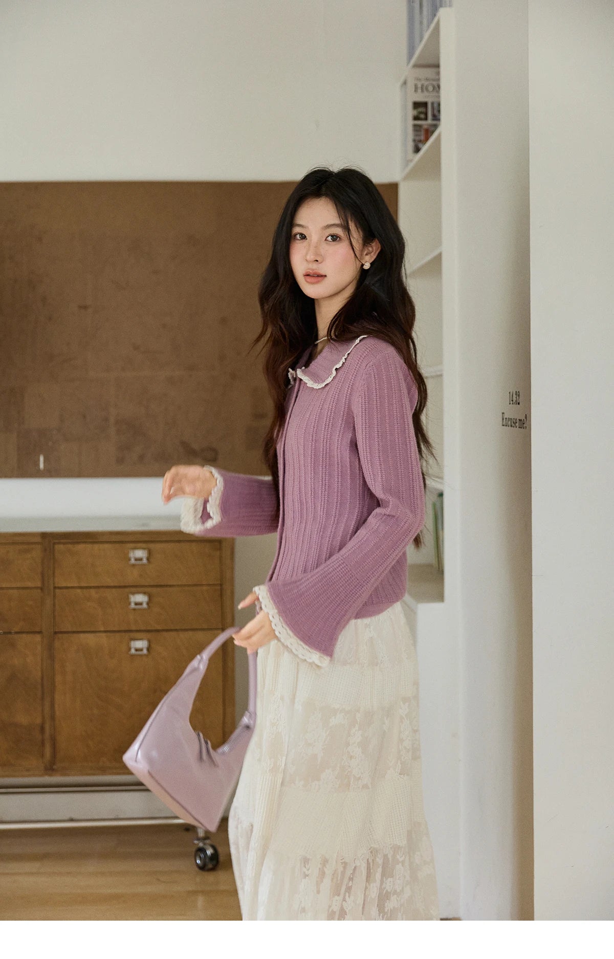 MISHOW Women's Lilac Flare Sleeve Knitted Cardigan 2026 Spring Peter Pan Collar Lace Trim Long Sleeve Slim Casual Top MXF11Z2994