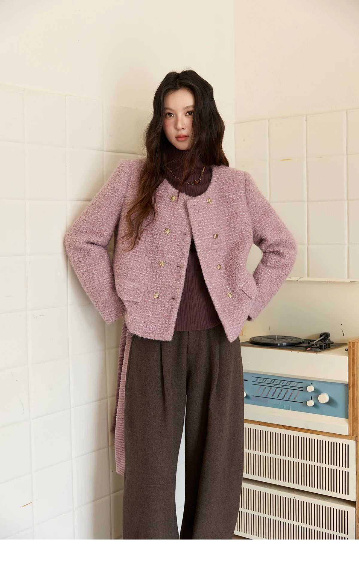 MISHOW Wool Coat Woman 2025 Purple Luxury O-neck Double-breasted Tweed Coat Commute Short Jacket Winter Clothes MXE88W0881