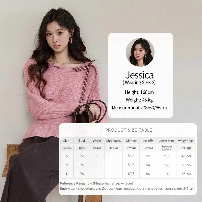 MISHOW Women's Pink Ribbed Knit Sweater 2026 Spring Plaid Bow Decor Peplum Hem Long Sleeve Casual Slim Pullover Tops MXF11Z3016