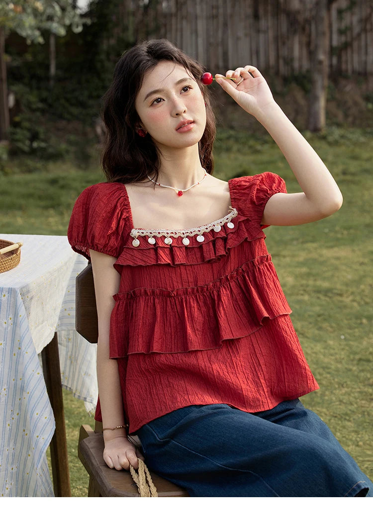 MISHOW French Summer Blouse Women New 2025 Short Sleeve Square Collar Cake Ribbon Shirts Female Fashion Slimming Tops MXE33X1763