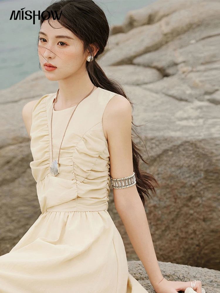 MISHOW Office Lady Summer Dress Women 2025 New Round Neck Sleeveless Solid with Belt Dresses Female Fashion Slimming MXE31L2188