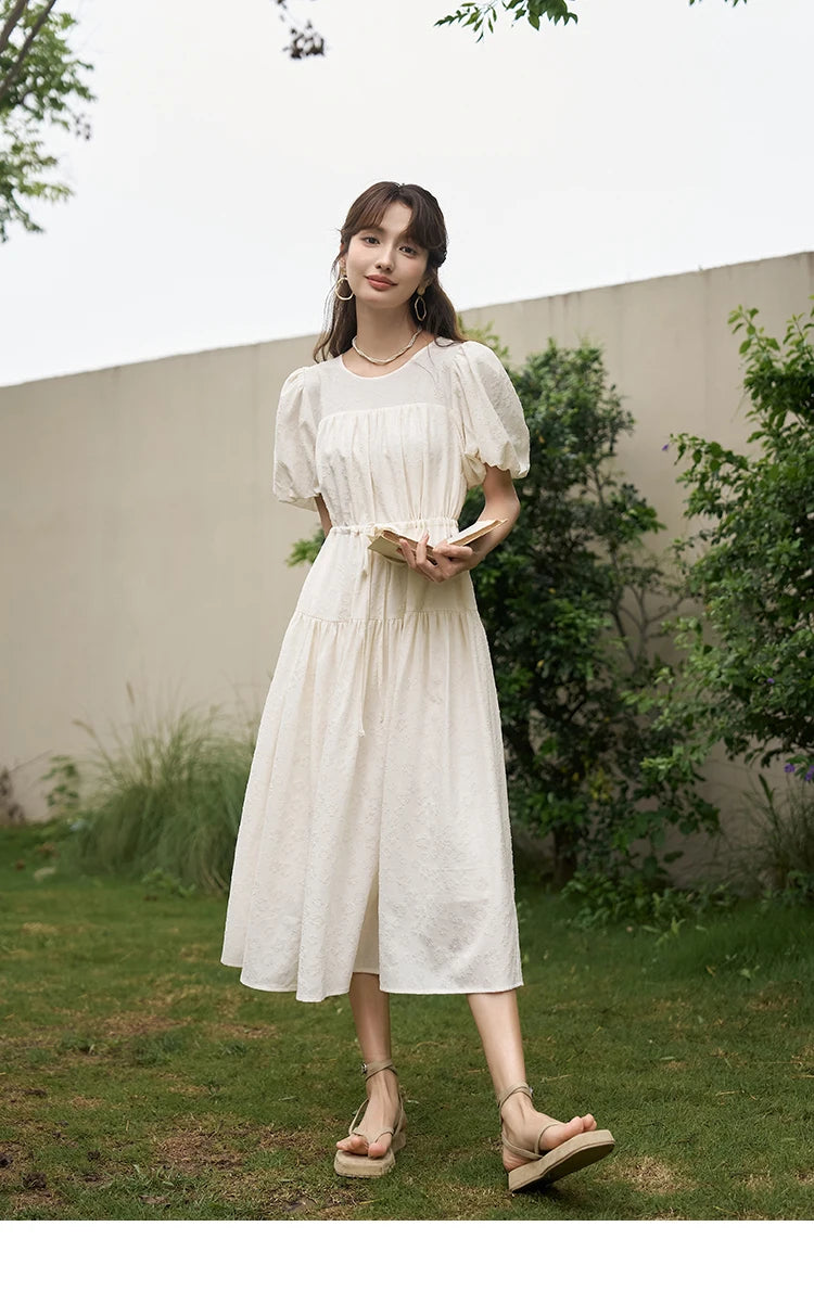 MISHOW French Draw String Waist Dress 2023 Summer Short Sleeve A-LINE Puff Sleeve O-Neck Pullover Elegant Solid Dress MXC38L1415