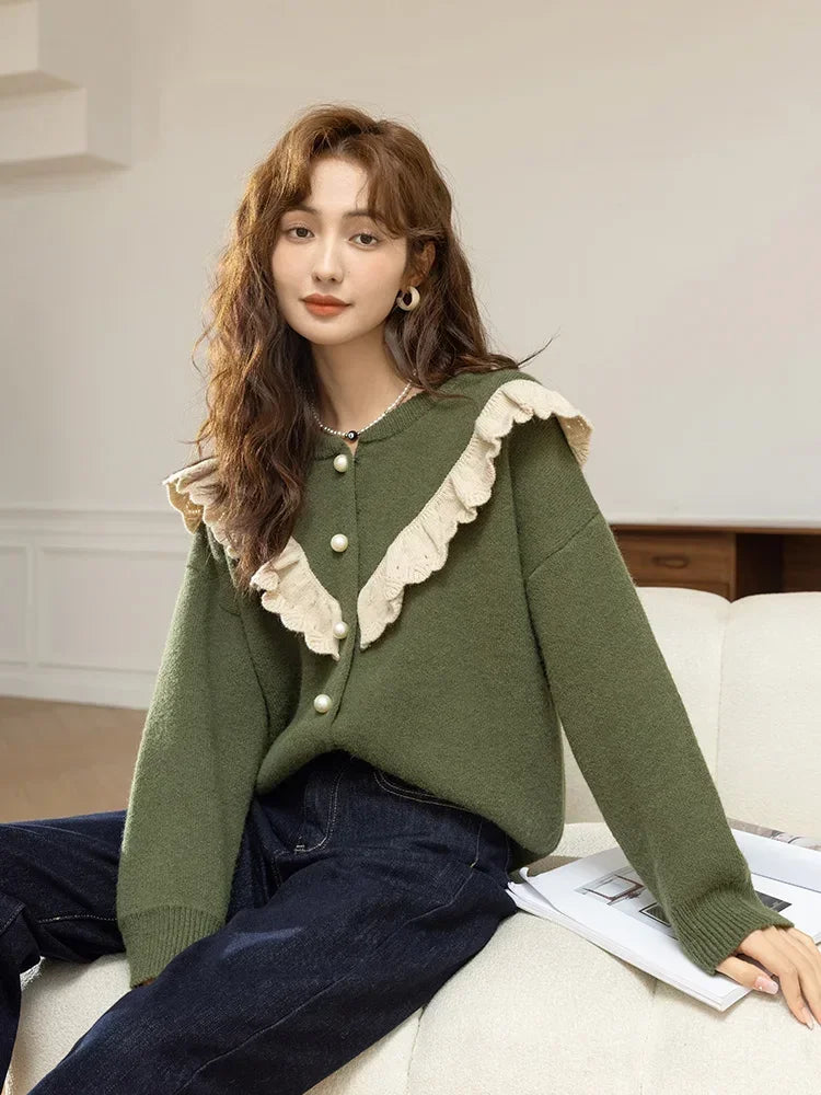 MISHOW Sweater Cardigan for Women Korean Fashion Ruffle Knitwears Autumn Winter Single Breasted Knitted Tops Jumpers MXB46Z1111