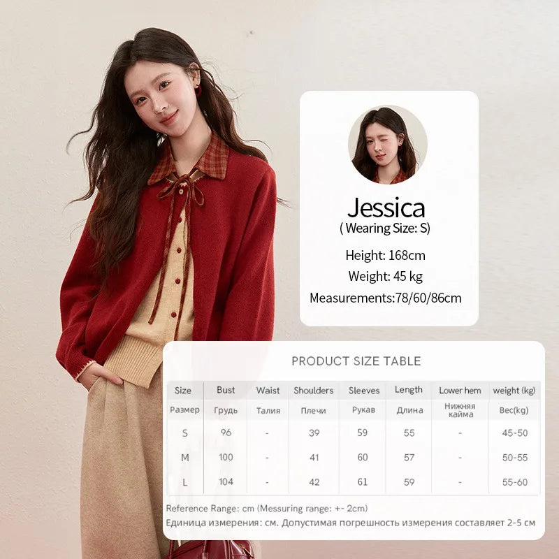 MISHOW Color Block Contrast Fake Two-Piece Cardigan Women Winter Removable Plaid Collar Tie Thickened Knitted Sweater MXE93Z2816