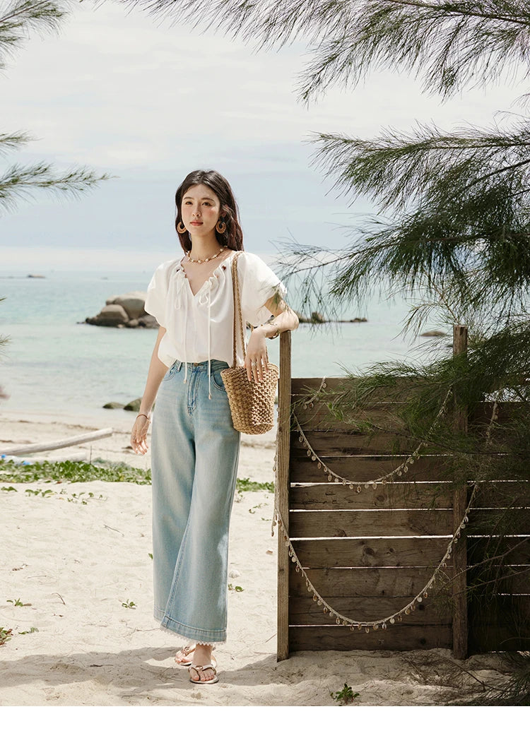 MISHOW Solid French Summer Blouses Woman 2025 New Short Puff Sleeve V-neck Beaded Retro Shirts Women Fashion Tops MXE33X1757