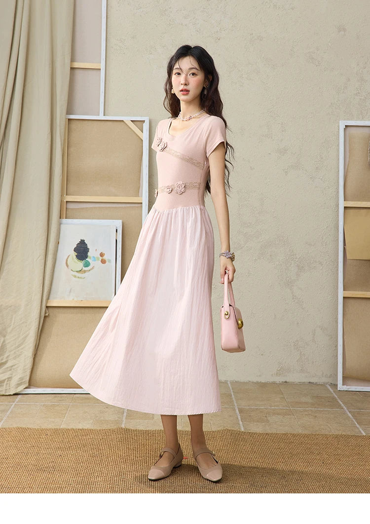 MISHOW Woven Patchwork Knitted Dress Female Summer 2025 French Waist Slim Long Dress Pink Round Neck Elegnat Dresses MXE36L2247