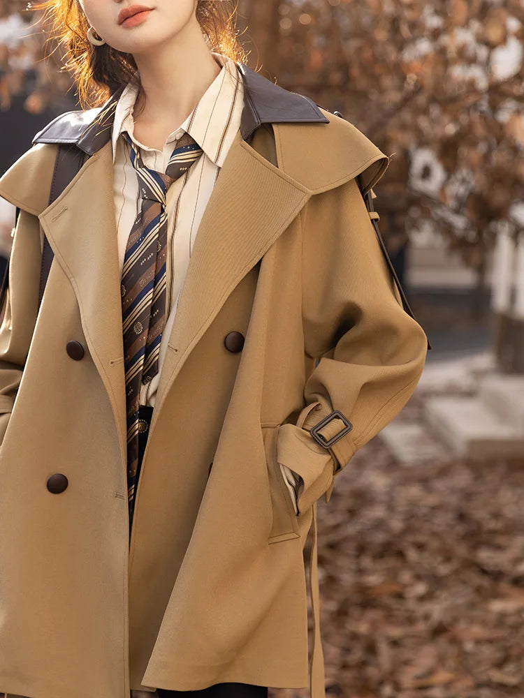 MISHOW Trench Coats for Women Autumn Korean Office Lady Polo Collar Patchwork Long Mid-length Jacket Female Outerwear MXB33W0399