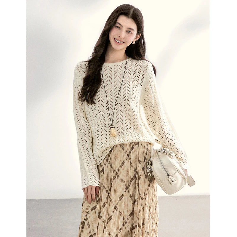 MISHOW Women's Hollow Out Knit Tops 2026 Spring Crew Neck Long Sleeve Tops Loose Casual Soft Breathable Beige Sweater MXF13Z3017