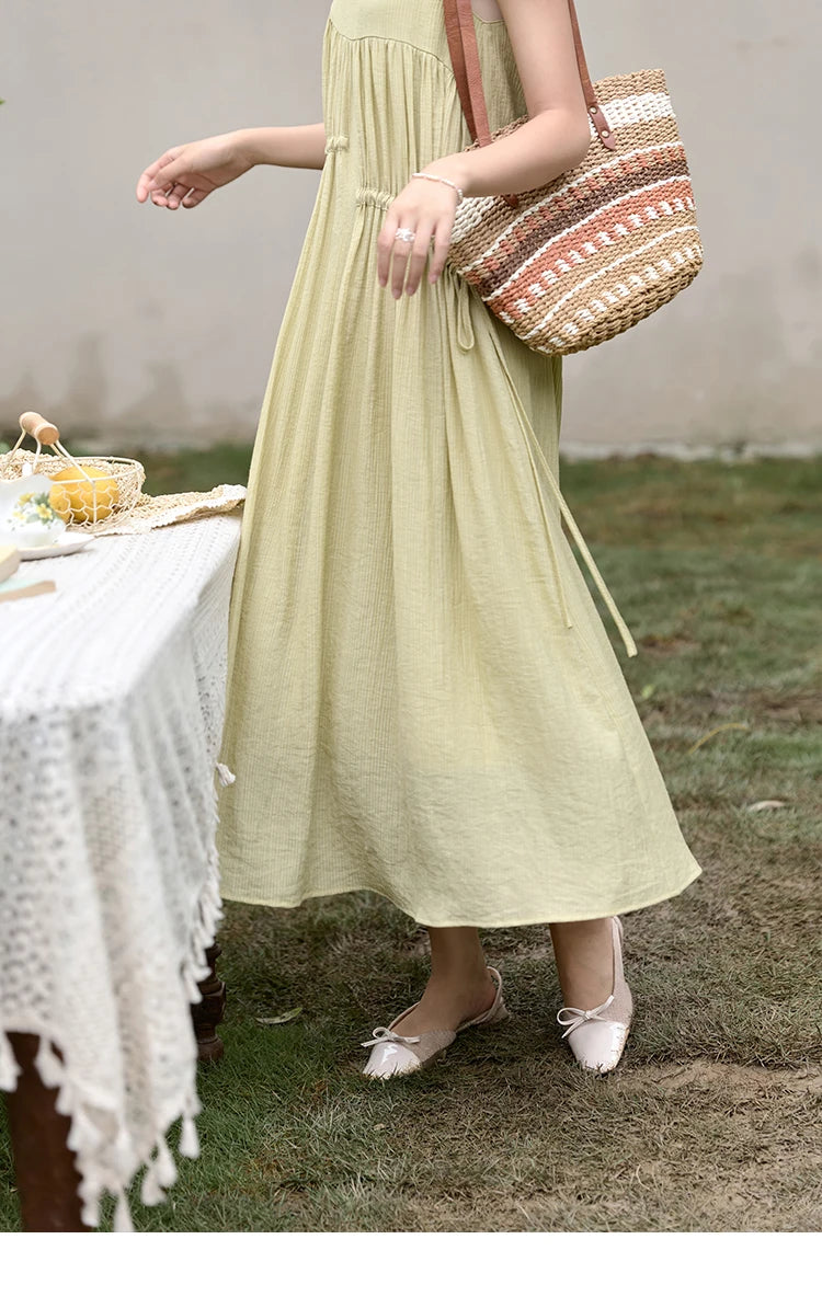 MISHOW Irregular Pleated Suspender Long Dress for Women 2025 Summer Olive Green Dress Loose Drawstring Waist Dresses MXD31L1928