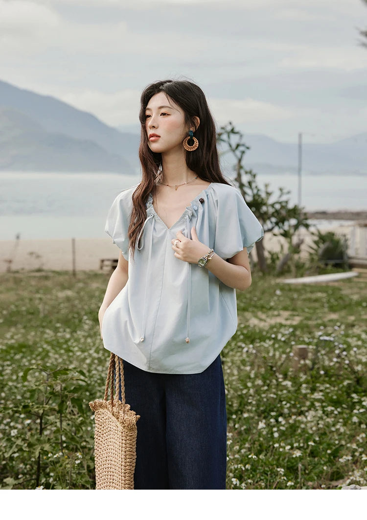 MISHOW Solid French Summer Blouses Woman 2025 New Short Puff Sleeve V-neck Beaded Retro Shirts Women Fashion Tops MXE33X1757