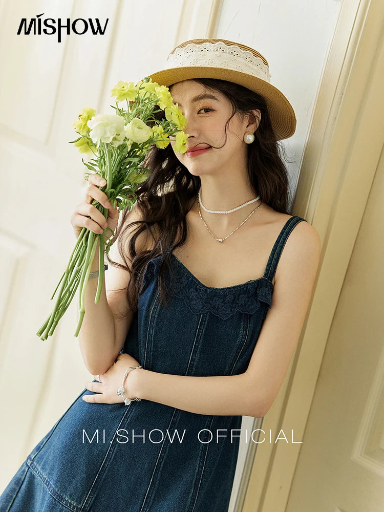 MISHOW Denim Camisole Dress Hollowed Out Cardigan Separately Spring Knitted Cardigan Lace Edge Waist Dress(Not A Set) MXE13L2094
