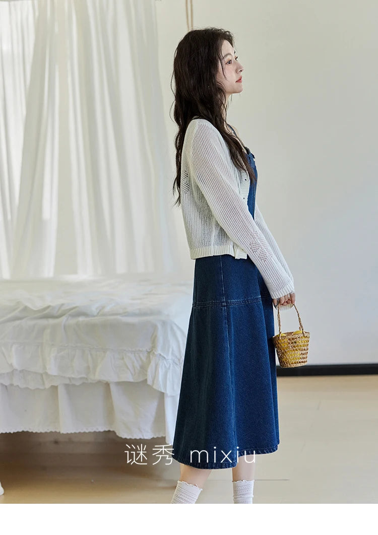 MISHOW Denim Camisole Dress Hollowed Out Cardigan Separately Spring Knitted Cardigan Lace Edge Waist Dress(Not A Set) MXE13L2094