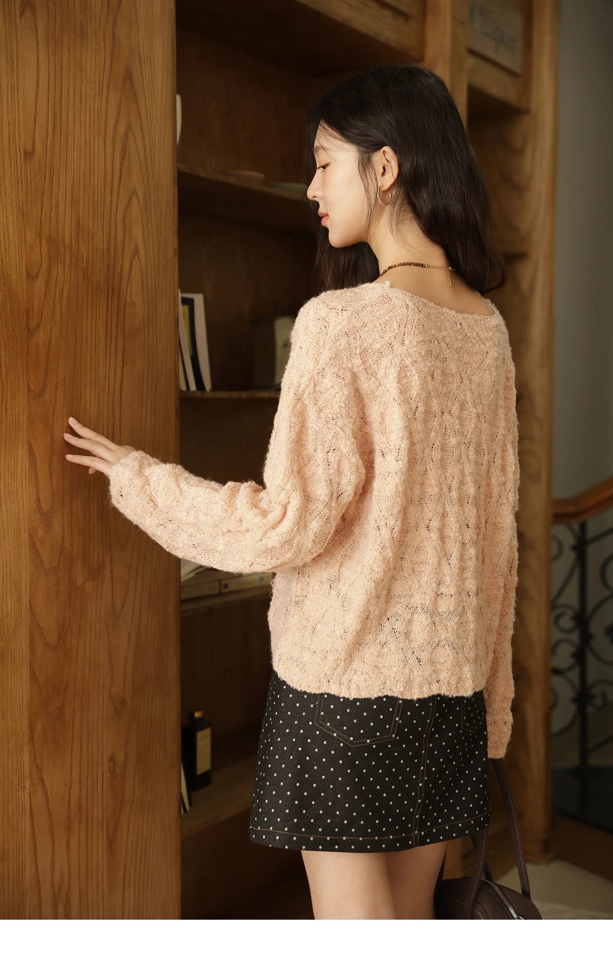 MISHOW Bamboo Loop Yarn Knitted Sweater for Women Autumn 2025 Hollow V-neck Lace Sweater Casual Solid Pullovers Tops MXE43Z1349