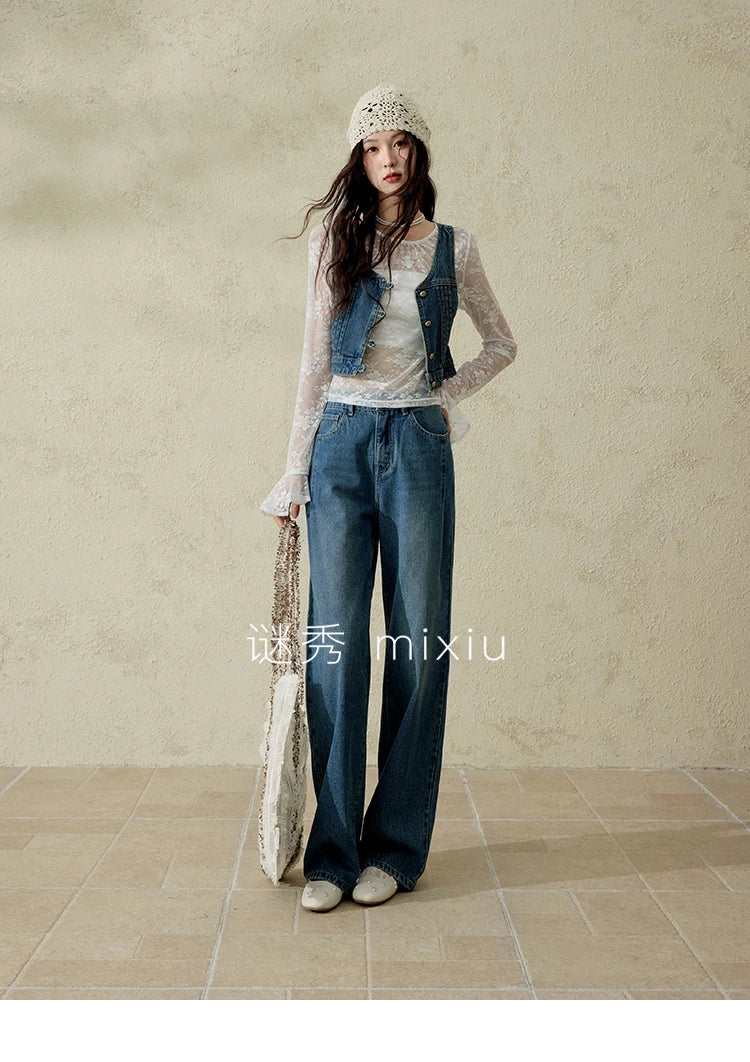 MISHOW Casual Straight Leg Jeans for Women 2025 Spring Versatile Washed Loose Women Pants Fashionable Denim Pants MXE16K0874