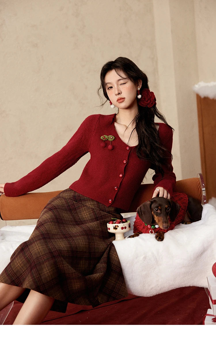 MISHOW Red Knitted Short Cardigan Women Autumn Winter New Cherry Ornaments Sweet Slim Fit V-neck Long Sleeve Tops MXD112Z1006