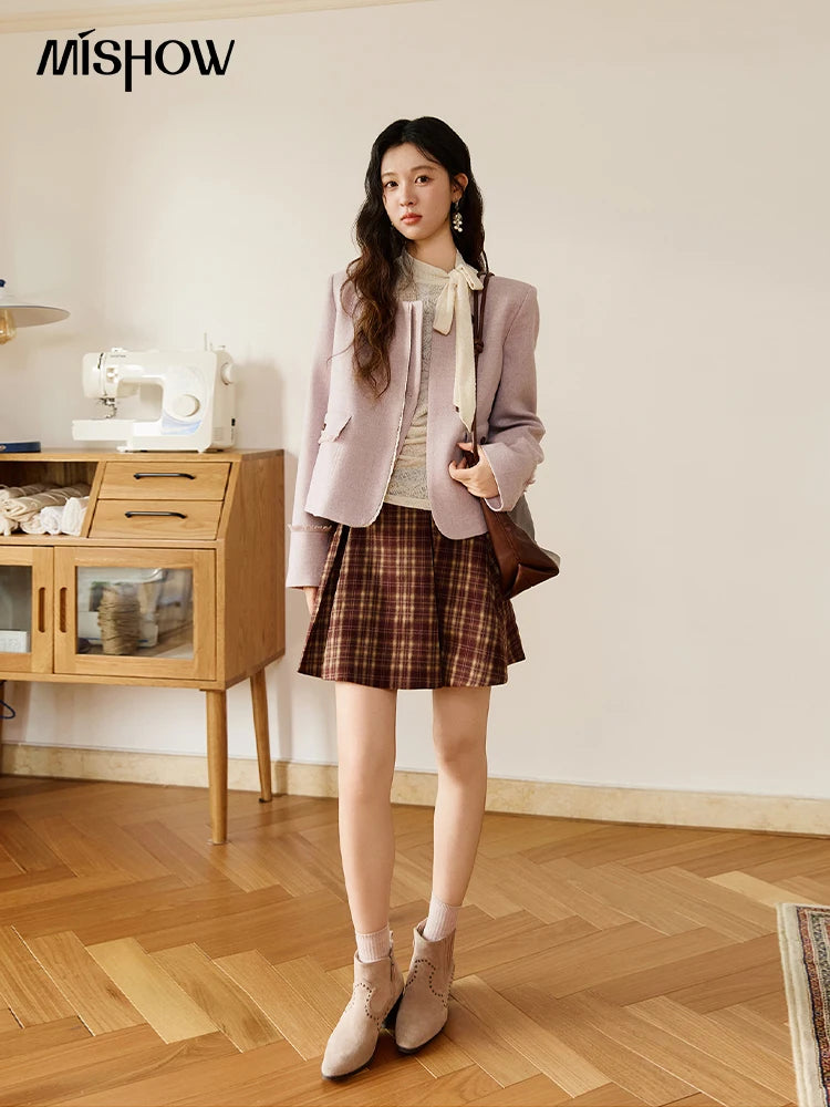 MISHOW Purple Woolen Coat for Women Autumn 2025 Slanted Placket Splicing Lace Coats Shoulder Pads Retro Short Jackets MXE47W0840