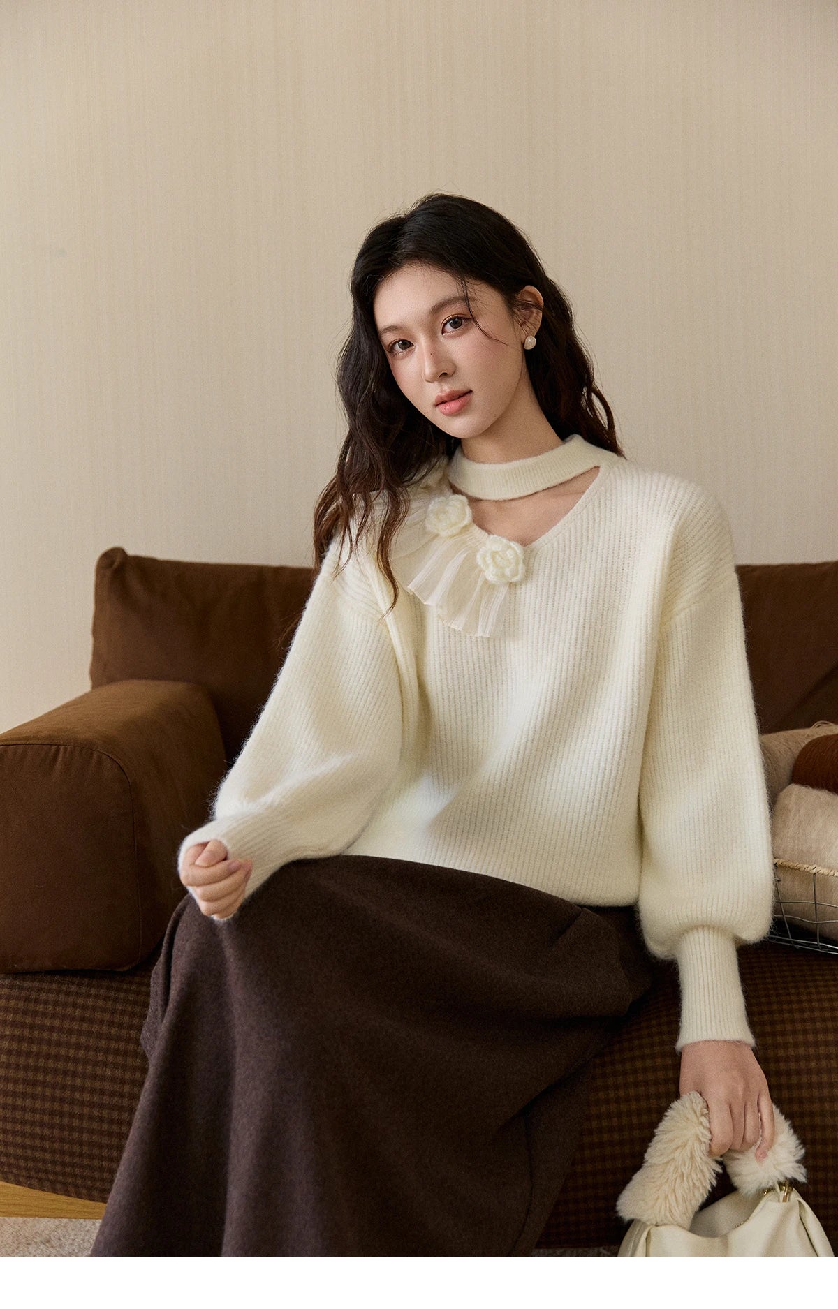 MISHOW Women's Cutout Neck Knitted Sweater 2025 Winter Ruffle Flower Decor Dropped Lantern Sleeves Pullover Tops MXE94Z2982