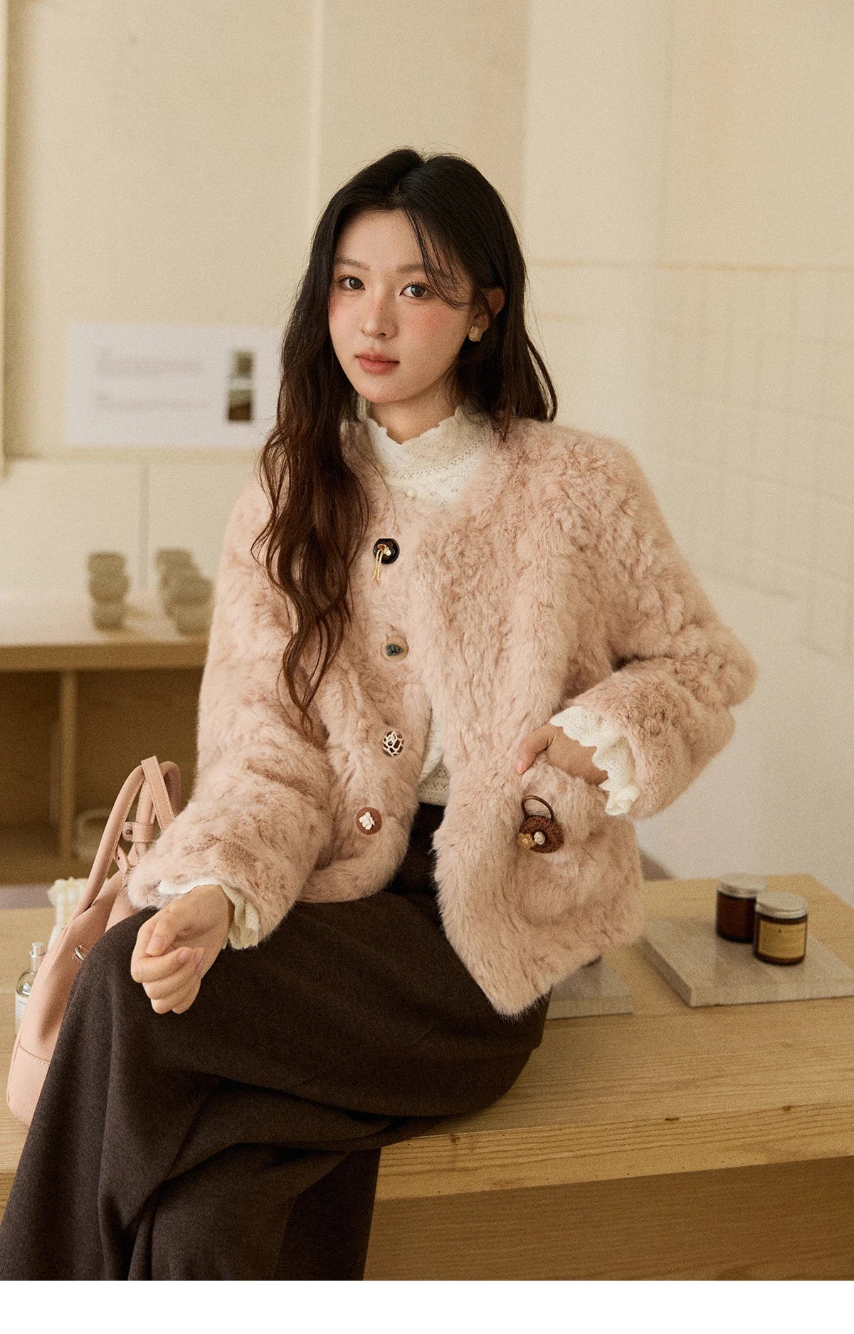 MISHOW Women's Winter Jacket 2025 Sweet Pink Faux Rabbit Fur Coat with Pockets Handcrafted Vintage Buttons Outerwear MXE87W0990